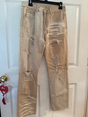Beige Distressed Straight Men’s Jeans